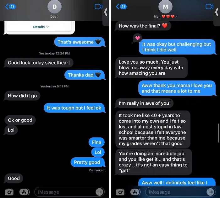 Text message comparison showing the stark differences between moms and dads in supportive conversations.