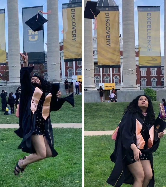 Woman in graduation gown tossing cap in the air on left, struggling to catch cap on right, showing funny differences between moms and dads