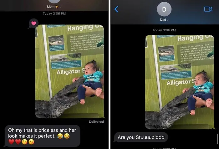 Mom and dad text reactions to a baby holding an alligator's snout, showing funny differences between moms and dads.