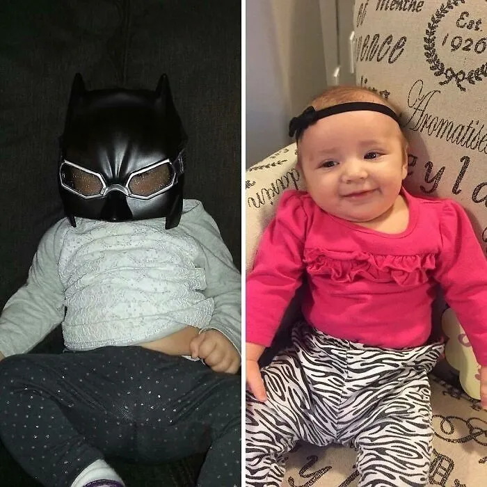 Toddler wearing a Batman mask beside a smiling baby girl in bright clothes showing funny differences between moms and dads.