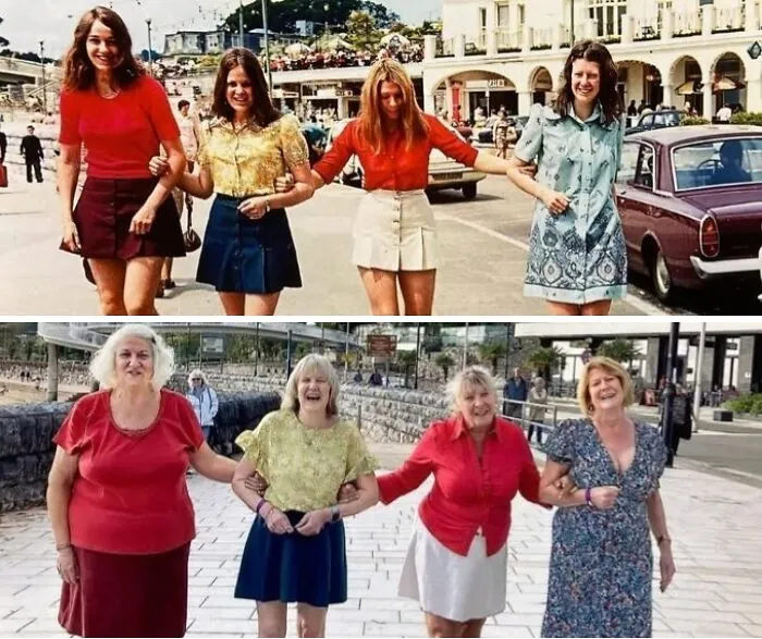 Un grupo de amigas muy divertidas recrearon una foto de sus primeras vacaciones juntas, más de 50 años después.