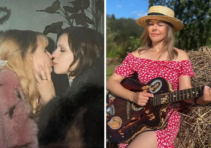 Padres icónicos en fotos antiguas; mujer joven tocando guitarra al aire libre con vestido rojo y sombrero de paja.