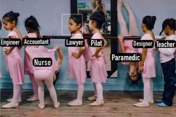 Young girls in pink ballet outfits labeled with professions, one labeled paramedic is upside down, highlighting EMT humor.