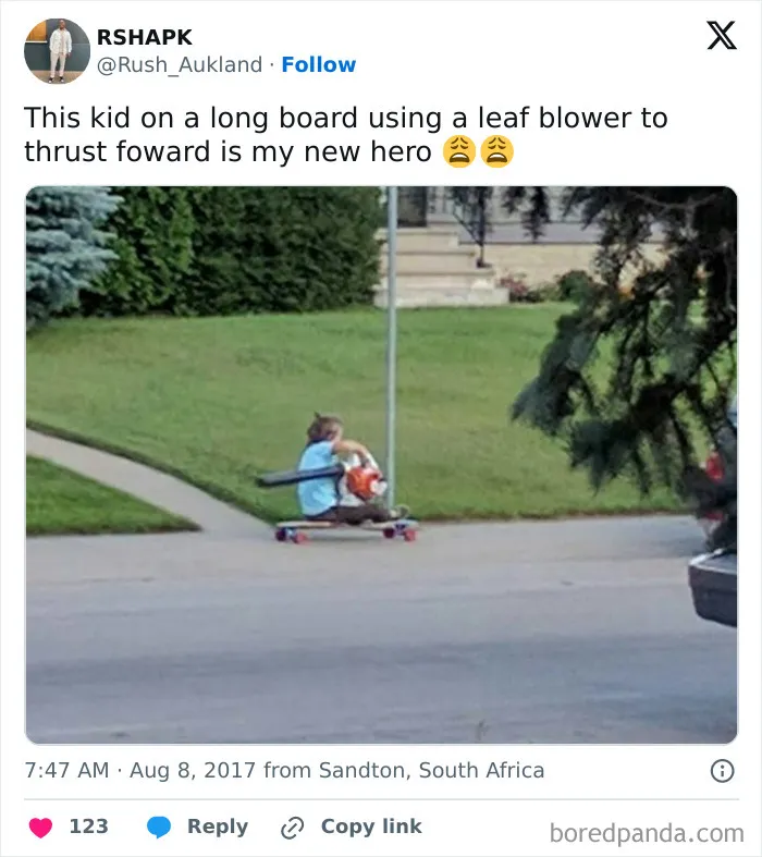 This Kid On A Long Board Using A Leaf Blower To Thrust Foward Is My New Hero
