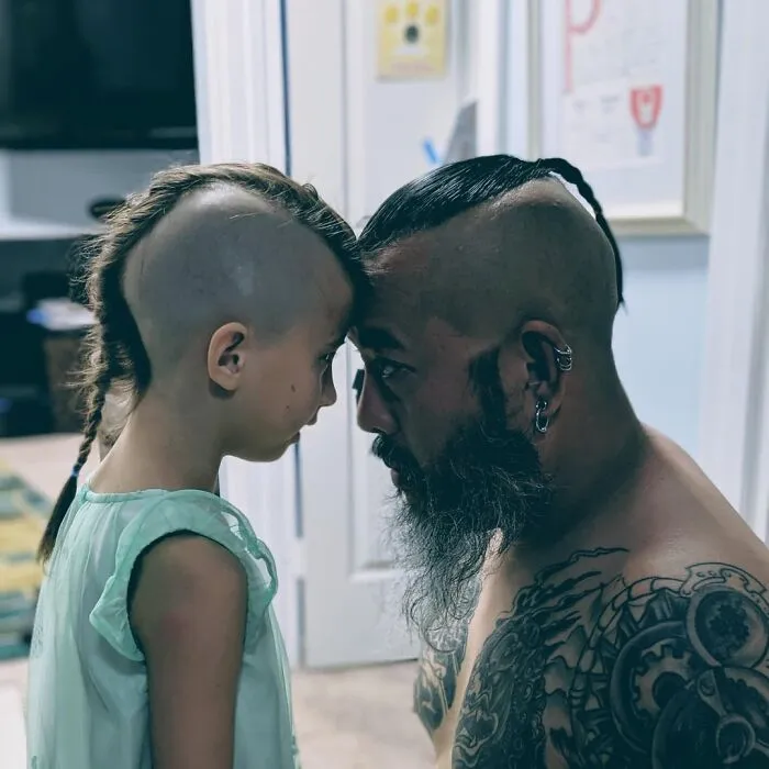 My Six Year Old Daughter Has Been Asking For Months To Have A Mohawk Like Her Daddy. I Cut It For Her Today. My Kid Is A Right Badass