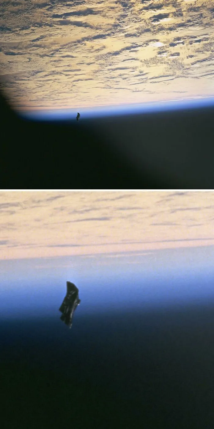 Unexplained object floating above Earth’s atmosphere in space with clouds and horizon visible below.