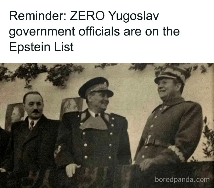 Vintage black and white photo of Yugoslav officials, with humorous text challenging history knowledge through memes.
