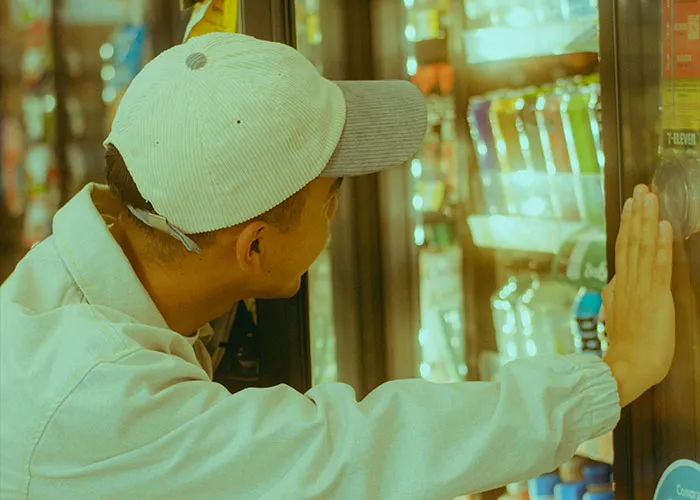 Young man trying to open a refrigerated display door in a convenience store, capturing a moment of criminal fails.