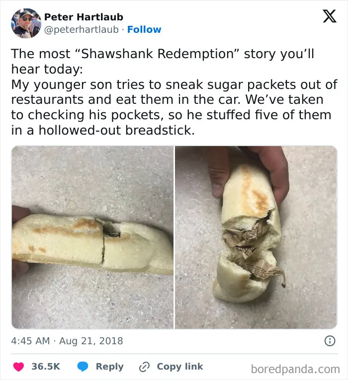 Child's clever invention hiding sugar packets inside a hollowed-out breadstick to surprise parents.