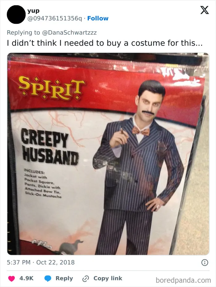 Off-brand Halloween costume packaging showing a man in a striped suit labeled creepy husband, funny costume idea.
