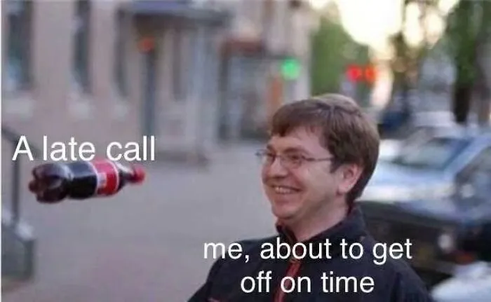 Man smiling outdoors with a floating soda bottle, humorous meme relatable to EMT and paramedic work culture.