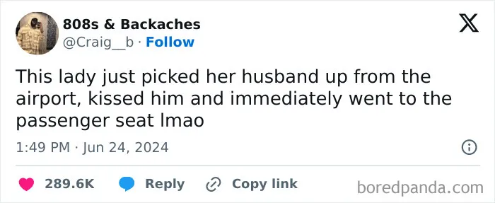 Tweet showing a funny and relatable moment navigating the world as just a girl picking up her husband from the airport.