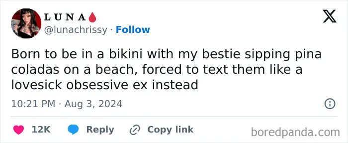 Tweet about feeling stuck texting an ex instead of enjoying life, capturing relatable moments navigating the world as just a girl.