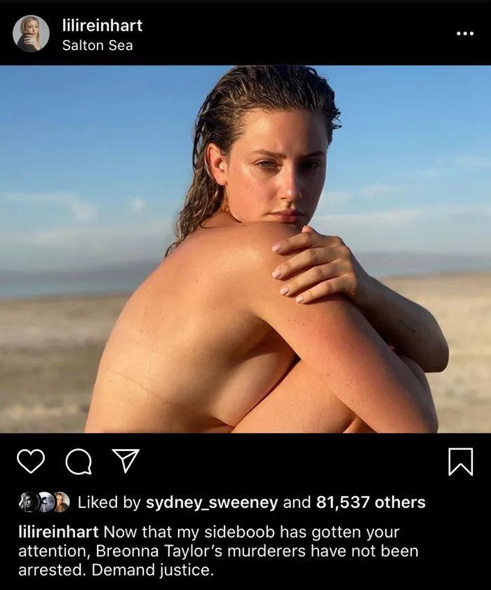 Lili Reinhart publicó una foto desnuda en Instagram con un texto sobre Breonna Taylor.