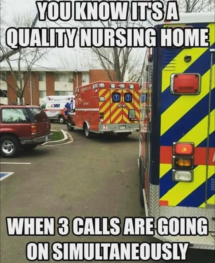 Multiple ambulances parked outside a nursing home, highlighting a common EMT and paramedic emergency situation.