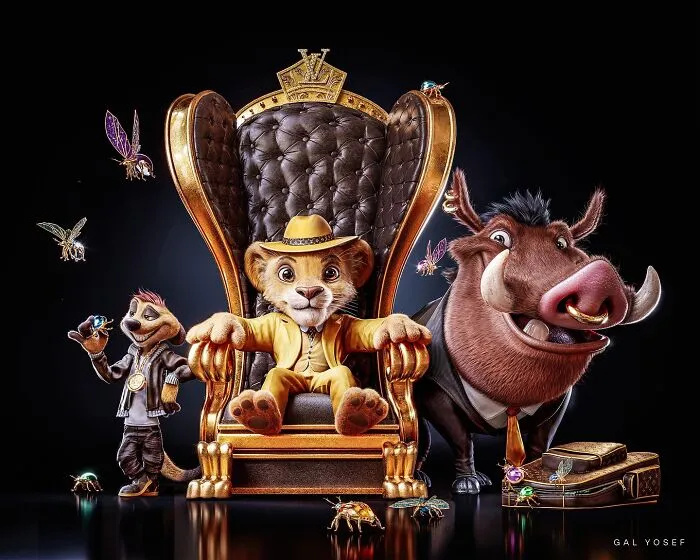 Luxury upgrade of childhood favorites featuring animated lion cub, warthog, and meerkat in stylish attire with gold accents.
