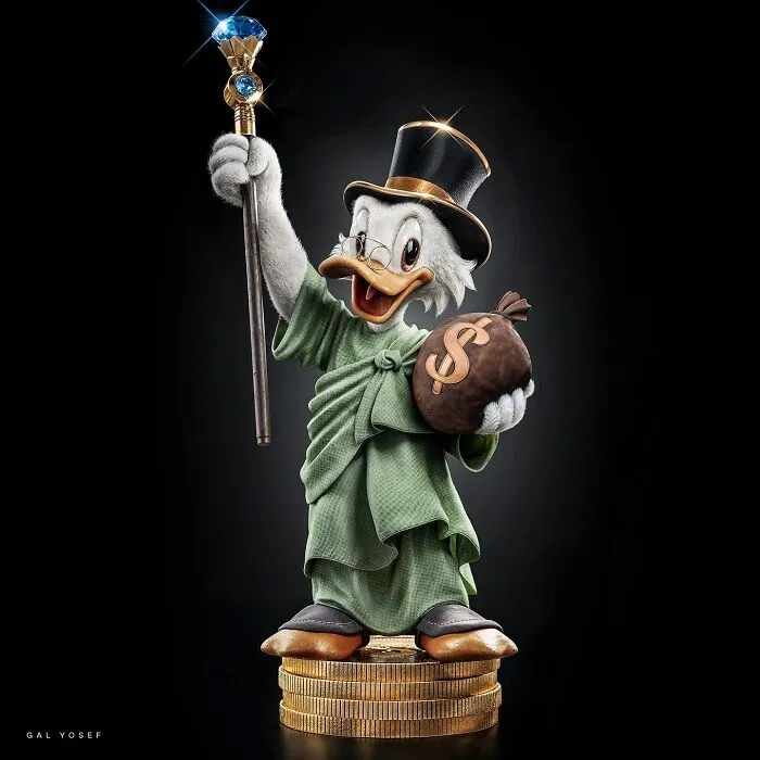 Scrooge McDuck holding a jeweled staff and money bag, standing on gold coins, luxury upgrade of childhood favorite character.