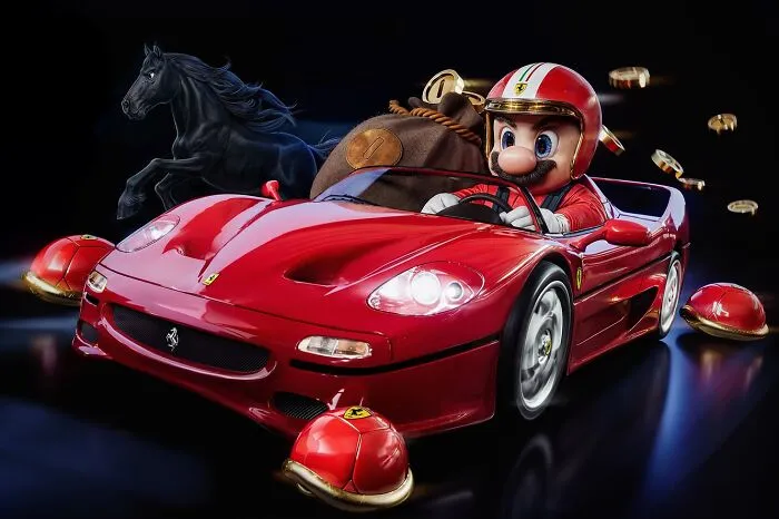 Mario wearing a racing helmet driving a luxury red Ferrari car, surrounded by floating luxury item upgrades and a black horse sculpture.
