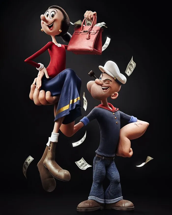 3D luxury upgrade of childhood favorites Popeye and Olive Oyl with money flying around on a black background