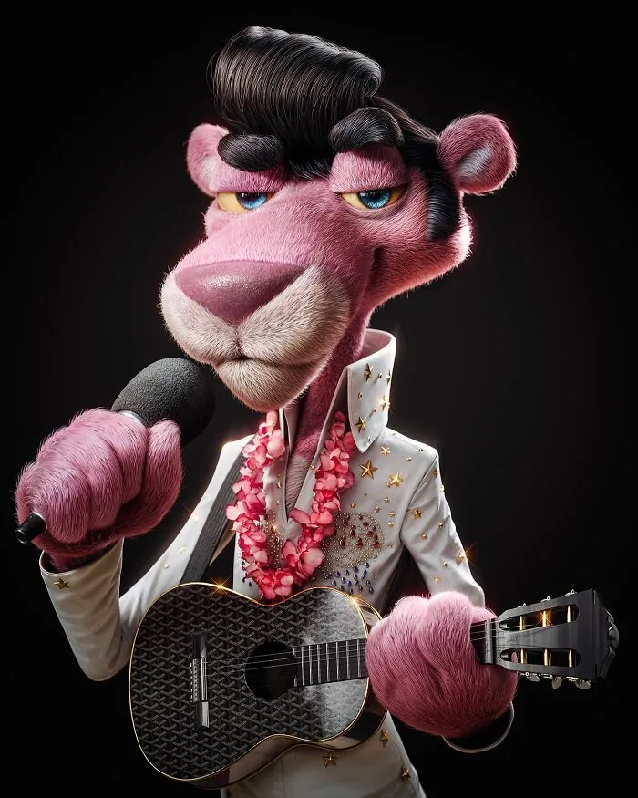 Pink Panther character with luxury upgrade outfit, holding microphone and guitar, showcasing childhood favorites transformation.