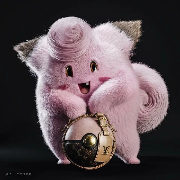 Fluffy pink character holding a luxury designer handbag, showcasing a childhood favorite with a luxury upgrade.