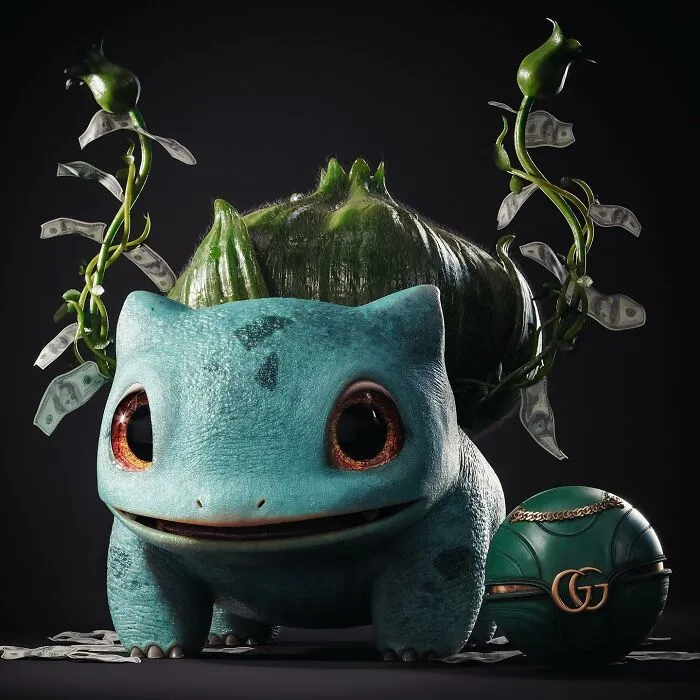 Bulbasaur with luxury design elements and money vines, showcasing a childhood favorite with a luxury upgrade.