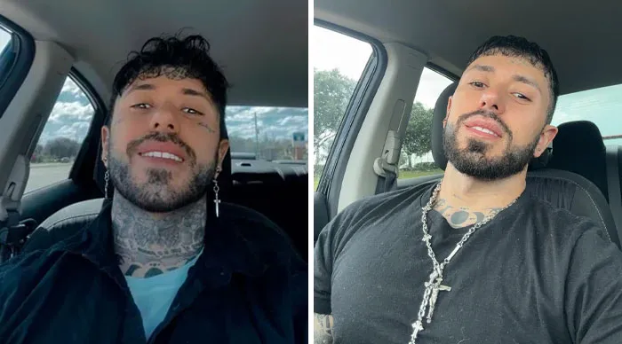 Before and after photos showing tattoo mistakes fixed on a man with neck and face tattoos sitting in a car.