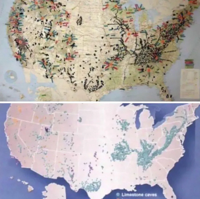 El mapa superior muestra casos misteriosos de personas que desaparecieron sin dejar rastro. El mapa inferior muestra los sistemas de cuevas más grandes de Norteamérica.
