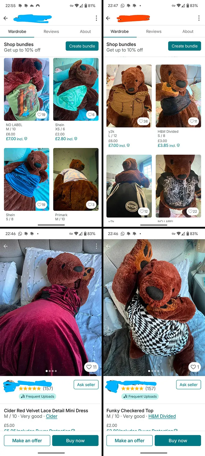 Screenshots of wild Vinted posts showing a teddy bear modeling various outfits illustrating unhinged online selling.
