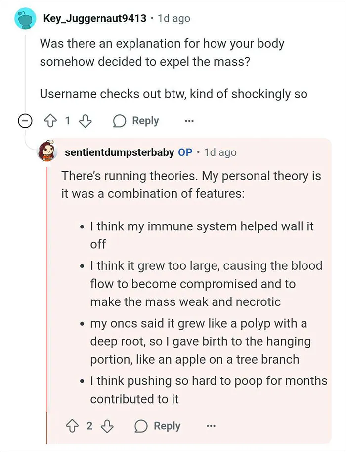 Reddit conversation discussing a woman’s immune system and tumor growth after thinking she was pregnant.
