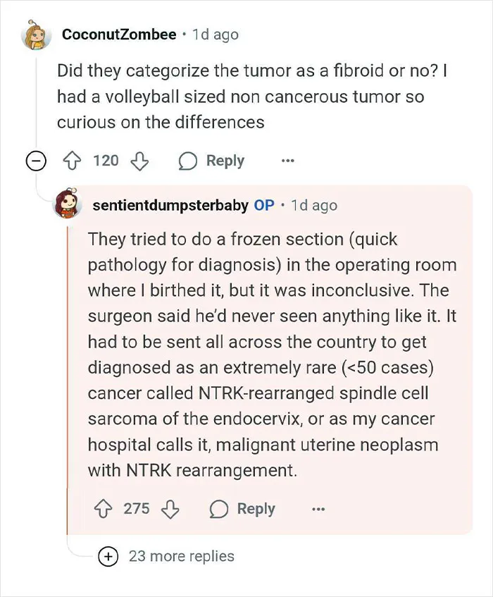 Reddit user explains birthing a tumor instead of a baby, detailing diagnosis of rare malignant uterine tumor with NTRK rearrangement.