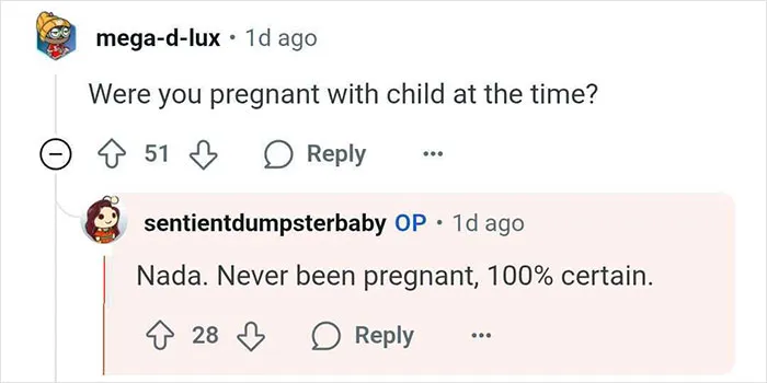 Reddit conversation about a woman who thought she was pregnant but gave birth to a tumor instead, answering questions.