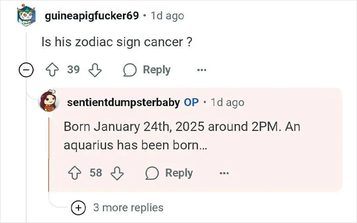 Screenshot of an online conversation about zodiac signs with user comments on cancer and aquarius signs.