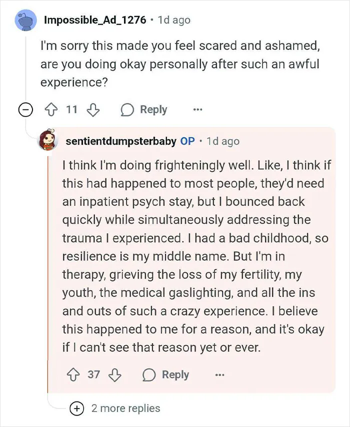 Reddit conversation showing a woman discussing her trauma after thinking she was pregnant but giving birth to a tumor instead.