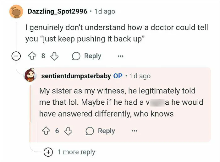 Reddit conversation about a woman who thought she was pregnant but gave birth to a tumor instead.
