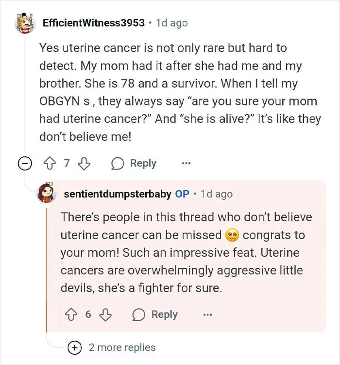 Screenshot of a social media conversation discussing uterine cancer, its rarity, detection challenges, and a survivor's story.