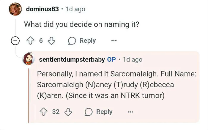 Online conversation showing a woman explaining she named the tumor Sarcomaleigh after a mistaken pregnancy diagnosis.
