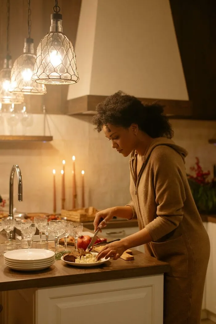 Woman preparing food in a cozy kitchen, illustrating frustration related to grumpy and annoyed feelings in mankeeping cases.