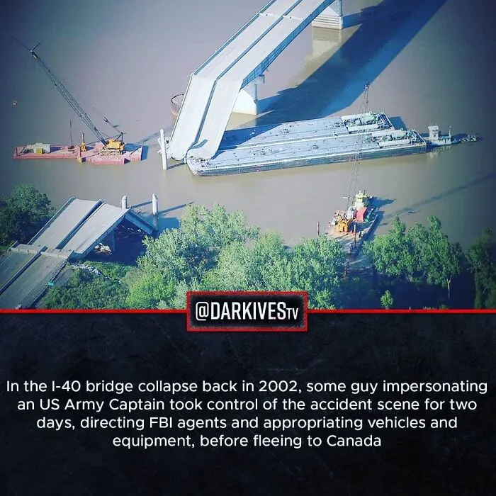 Collapsed I-40 bridge over a river with cranes and rescue boats, illustrating strange and dark world events.