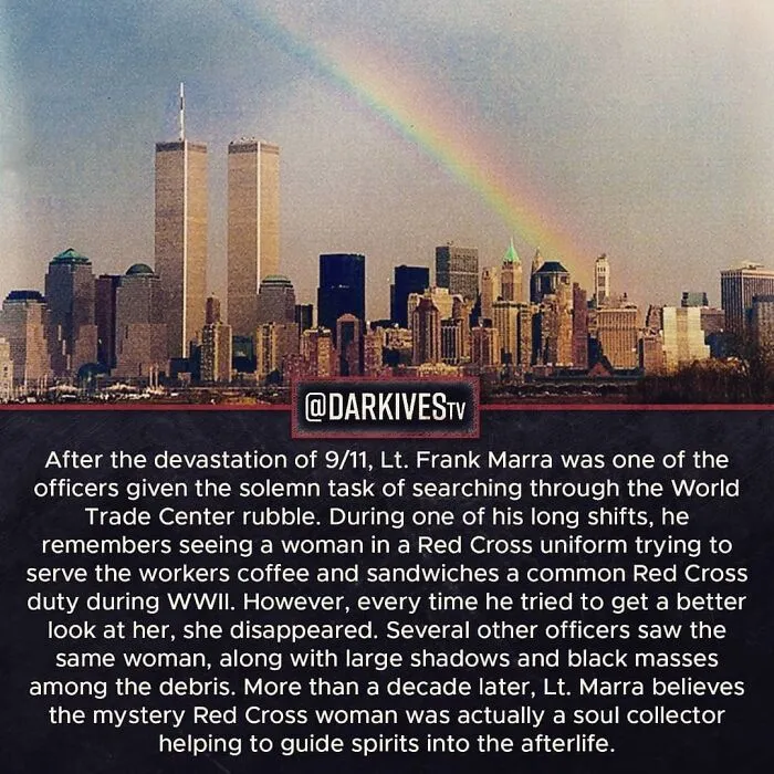 New York skyline with Twin Towers and rainbow, illustrating terrifying facts and strange dark stories from our world.