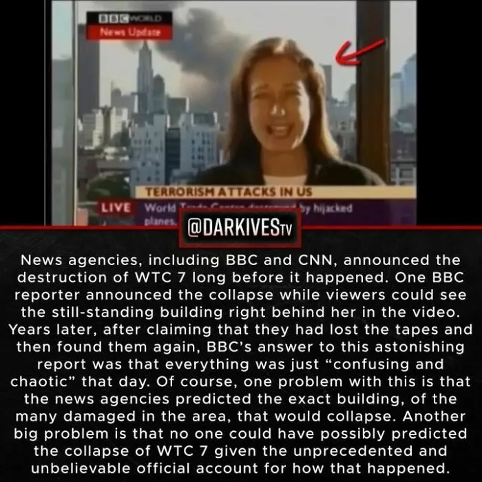 BBC reporter covering terrorism attacks in US with WTC 7 collapse controversy, highlighting strange and dark world facts.