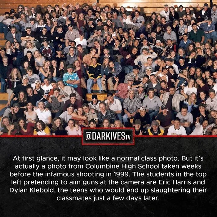 Large group photo from Columbine High School before the tragic shooting, highlighting dark and strange events in history.