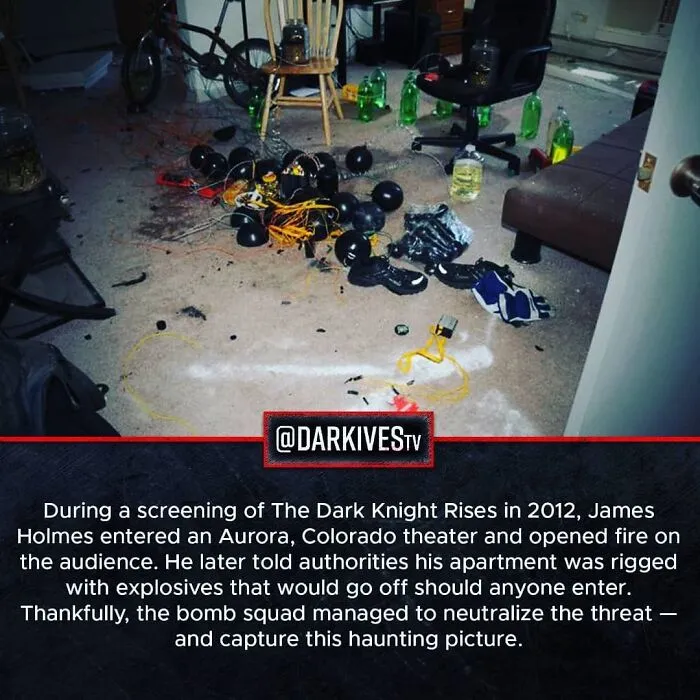 Scene showing a bomb squad’s neutralized explosive device with wires and black balloons, highlighting strange and dark world facts.