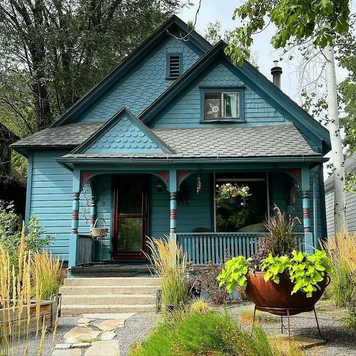 This Blue Beauty Is A One And A Half Story Gable Roof Victorian Eclectic Circa 1895, With Fish Scale Wood Shingle Siding In The Gables