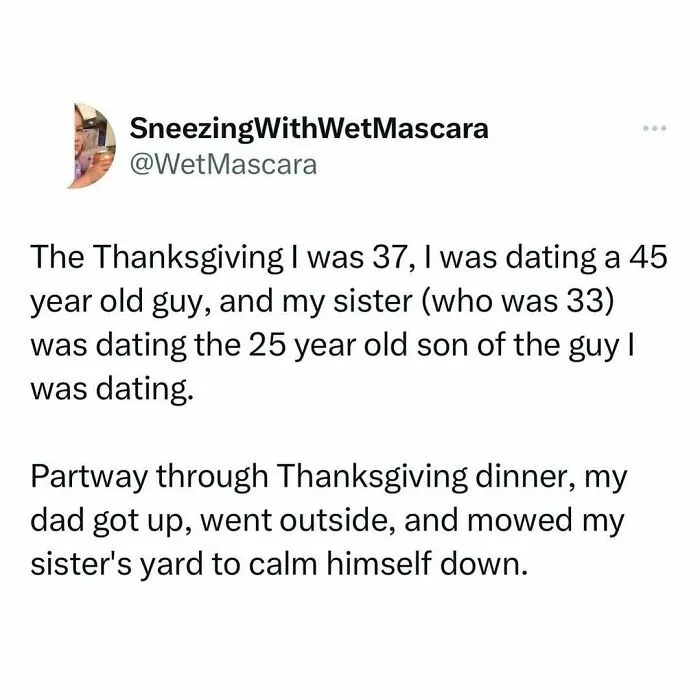 Tweet about a complicated Thanksgiving dating scenario, reflecting funny and relatable posts about navigating life as just a girl.