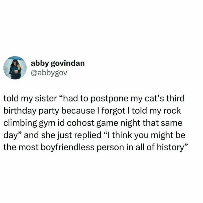 Tweet about postponing a cat's birthday party and being humorously called the most boyfriendless person, relatable just a girl meme.