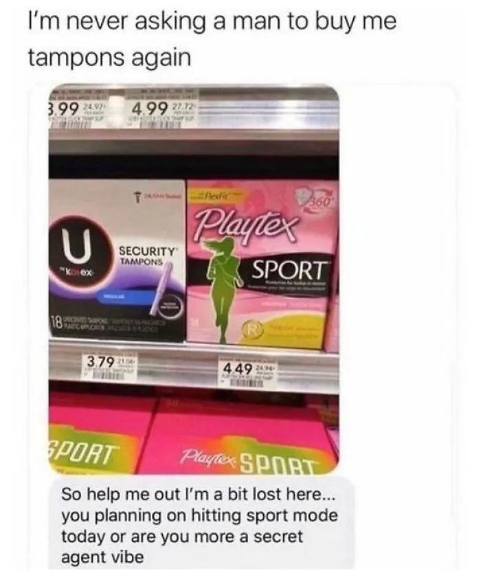 Tampon boxes in a store with humorous text about the confusion of buying tampons navigating the world as just a girl.