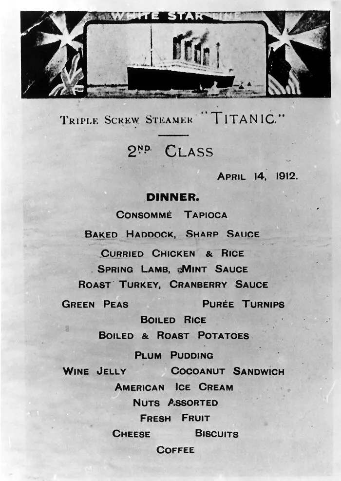 Second Class Passengers' Menu The Day The Ship Sank