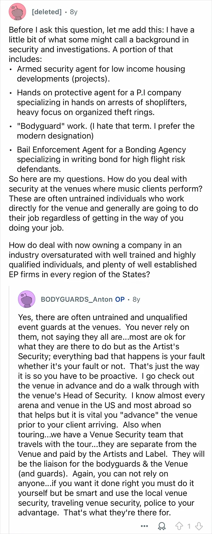 Screenshot of a Reddit discussion where a celebrity bodyguard shares insights about security challenges at music venues.
