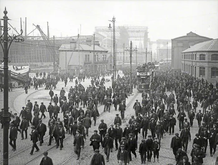 The Men Who Built The Titanic Leave The Shipyard After Their Shift